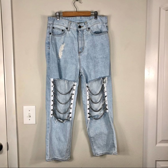 Carmar Galexia Hermia Straight Leg Jeans Cut Out Chain Knee Light Wash Size 27 - Picture 6 of 14